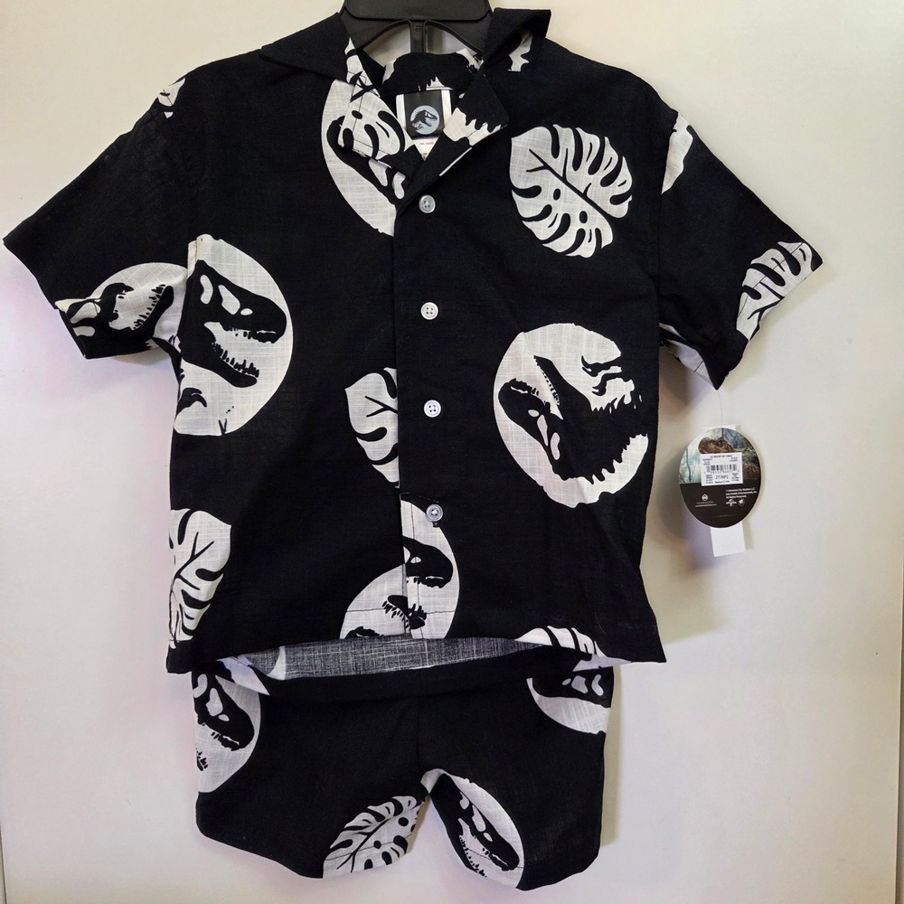 Jurassic World T-Rex Monstera Leaf Resort Shirt and Shorts Set Black White 2T